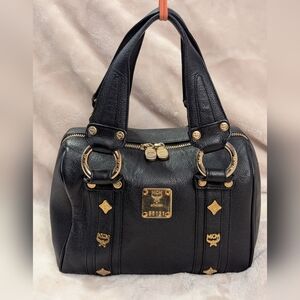 LUX411: MCM SMALL GOLD STUDDED LEATHER BOSTON BAG (Preloved)